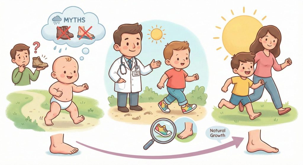 התפתחות כף הרגל בילדות - צעדים ראשונים, כף רגל שטוחה ותפיסות הוריות